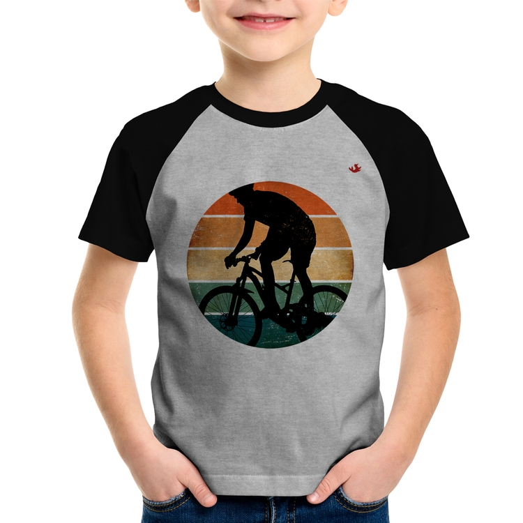 Camiseta Raglan Infantil Ciclismo Vintage Sunset - Cinza/Preto