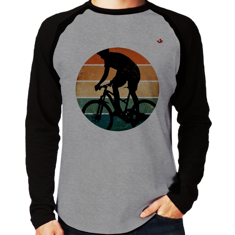 Camiseta Raglan Ciclismo Vintage Sunset Manga Longa - Cinza/Preto