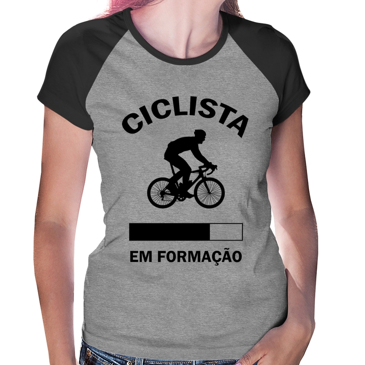 Baby Look Raglan Ciclista em formação - Cinza/Preto