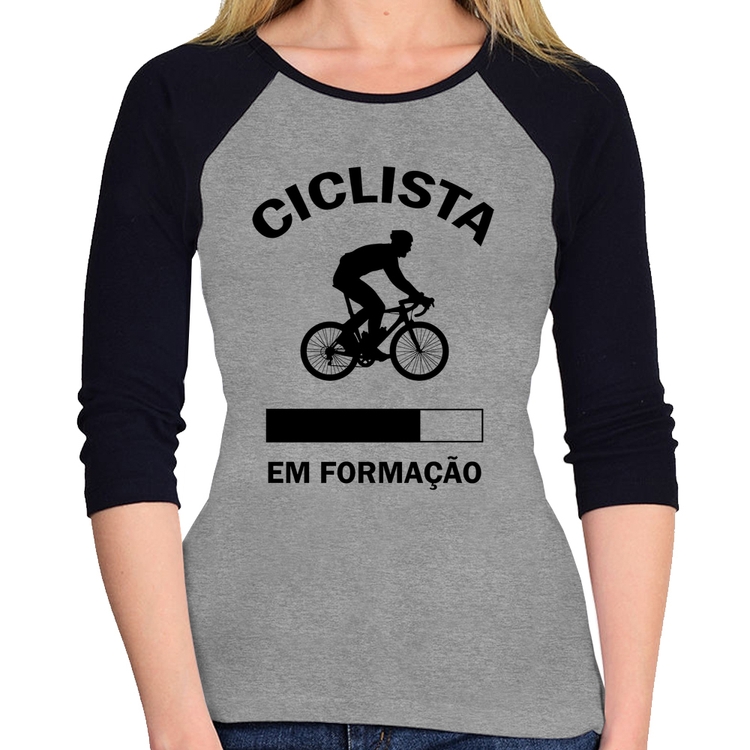 Baby Look Raglan Ciclista em formação Manga 3/4 - Cinza/Preto