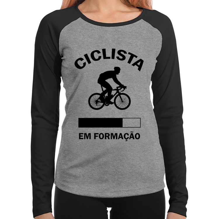 Baby Look Raglan Ciclista em formação Manga Longa - Cinza/Preto