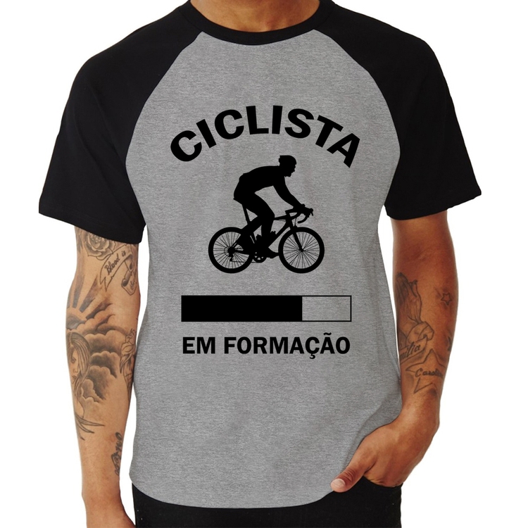 Camiseta Raglan Ciclista em formação - Cinza/Preto