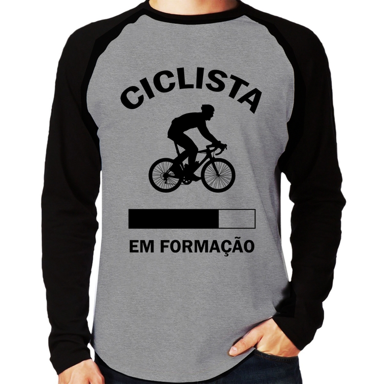 Camiseta Raglan Ciclista em formação Manga Longa - Cinza/Preto