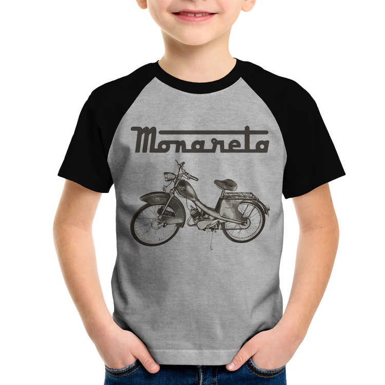 Camiseta Raglan Infantil Ciclomotor Monareta - Cinza/Preto
