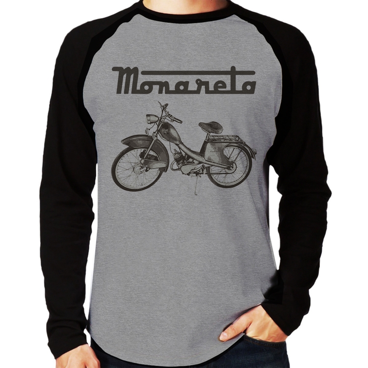 Camiseta Raglan Ciclomotor Monareta Manga Longa - Cinza/Preto