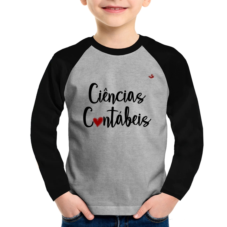 Camiseta Raglan Infantil Ciências Contábeis por amor Manga Longa - Cinza/Preto
