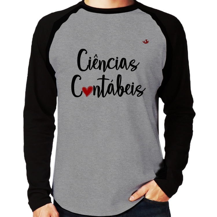 Camiseta Raglan Ciências Contábeis por amor Manga Longa - Cinza/Preto
