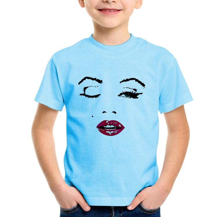 Camiseta Infantil Cílios Boca Olhos Piscando - Azul Bebê
