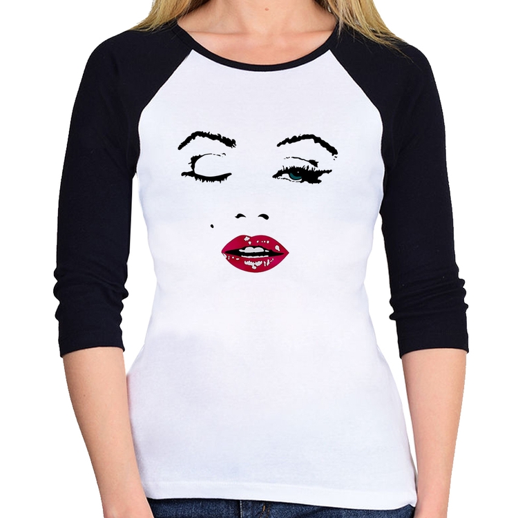 Baby Look Raglan Cílios Boca Olhos Piscando Manga 3/4