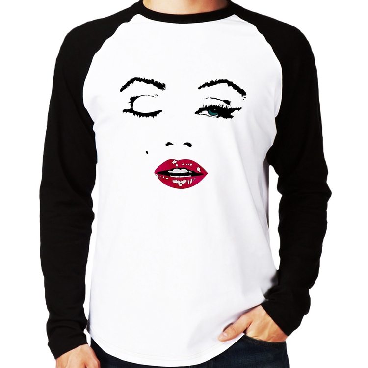 Camiseta Raglan Cílios Boca Olhos Piscando Manga Longa