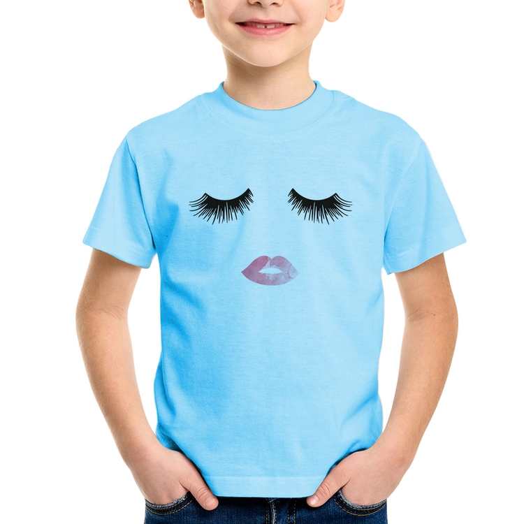 Camiseta Infantil Cílios e Boca - Azul Bebê