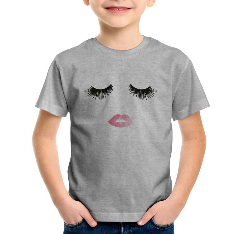 Camiseta Infantil Cílios e Boca - Cinza