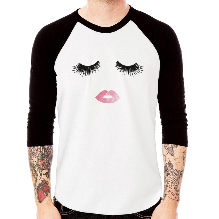 Camiseta Raglan Cílios e Boca Manga 3/4