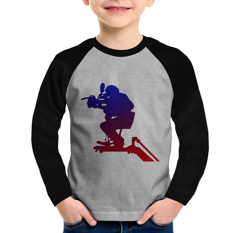Camiseta Raglan Infantil Cinegrafista Manga Longa - Cinza/Preto