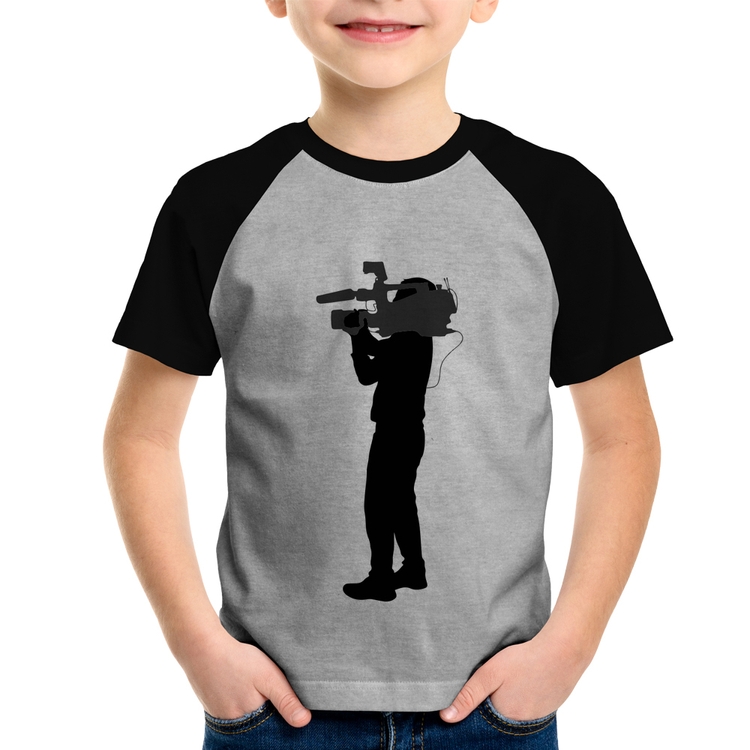 Camiseta Raglan Infantil Cameraman - Cinza/Preto