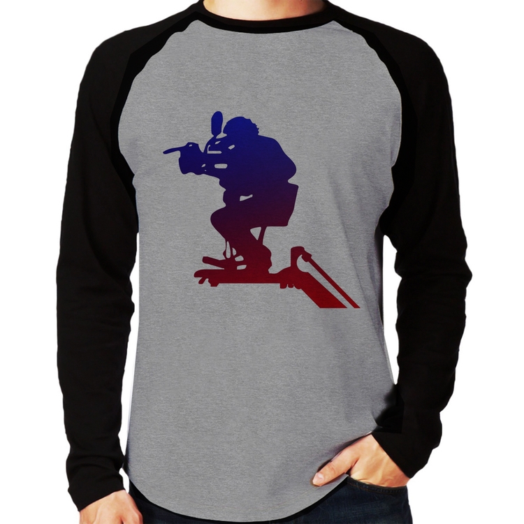 Camiseta Raglan Cinegrafista Manga Longa - Cinza/Preto