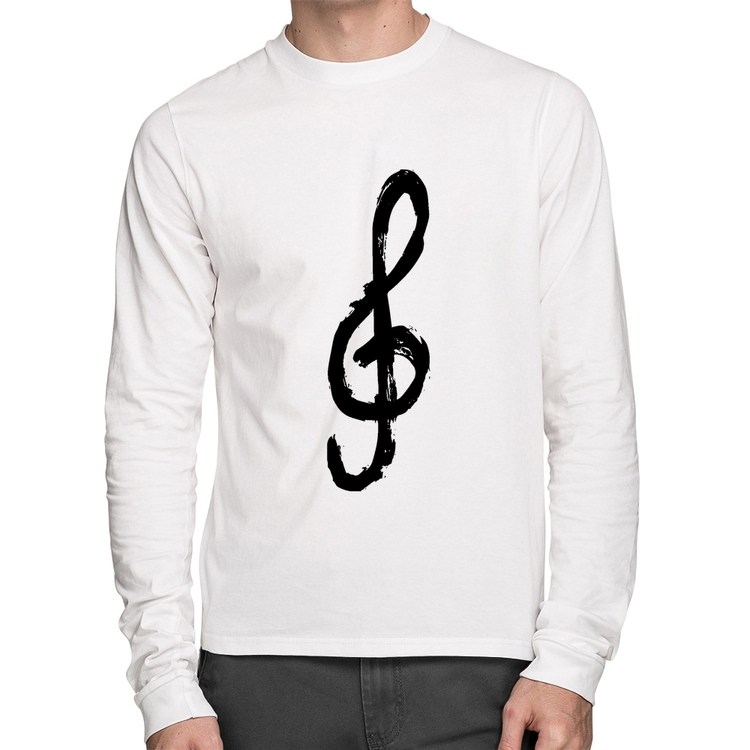 Camiseta Algodão Clave De Sol Arte Manga Longa - Branca