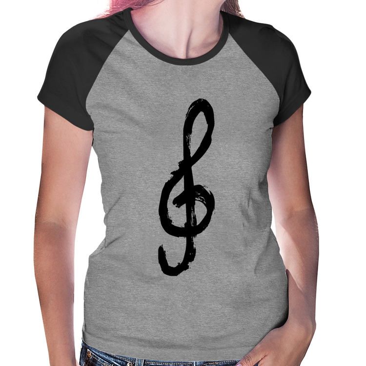 Baby Look Raglan Clave De Sol Arte - Cinza/Preto