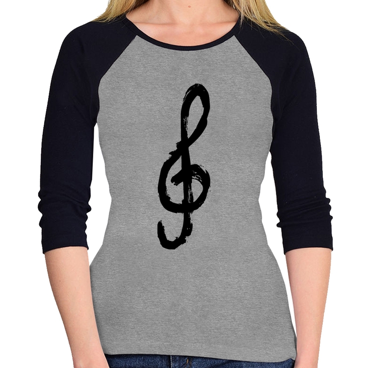 Baby Look Raglan Clave De Sol Arte Manga 3/4 - Cinza/Preto