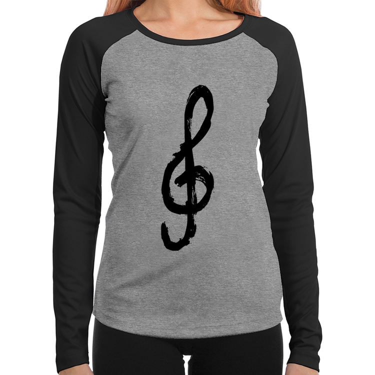 Baby Look Raglan Clave De Sol Arte Manga Longa - Cinza/Preto