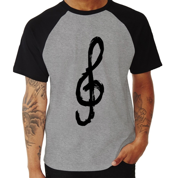 Camiseta Raglan Clave De Sol Arte - Cinza/Preto