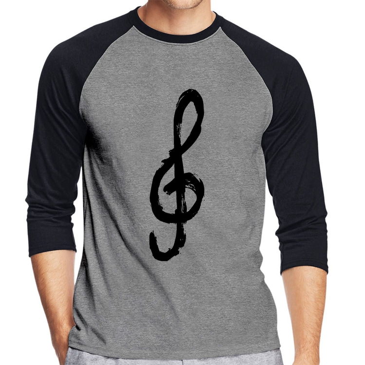 Camiseta Raglan Clave De Sol Arte Manga 3/4 - Cinza/Preto