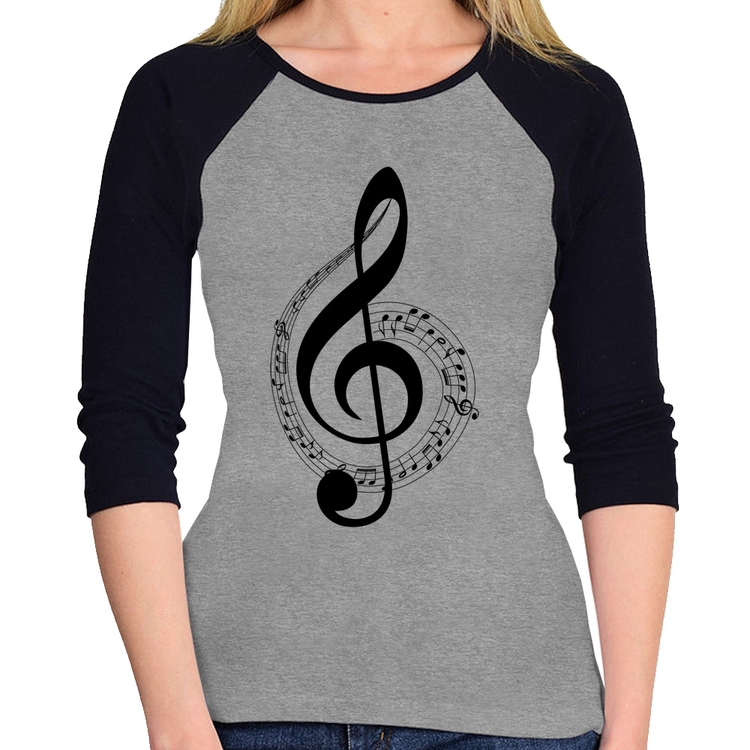 Baby Look Raglan Clave de Sol Manga 3/4 - Cinza/Preto