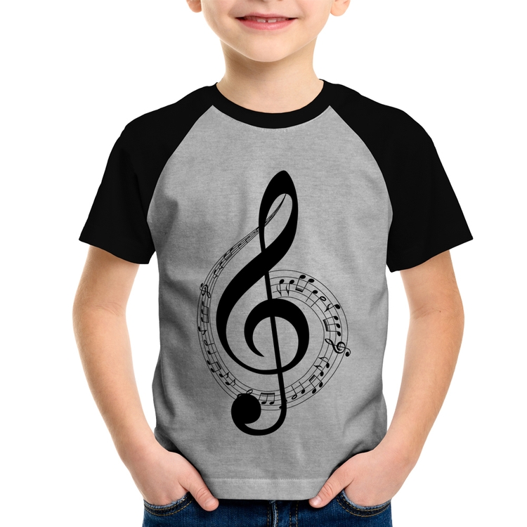 Camiseta Raglan Infantil Clave de Sol - Cinza/Preto