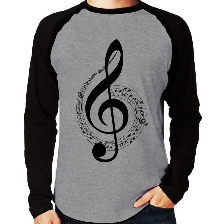 Camiseta Raglan Clave de Sol Manga Longa - Cinza/Preto