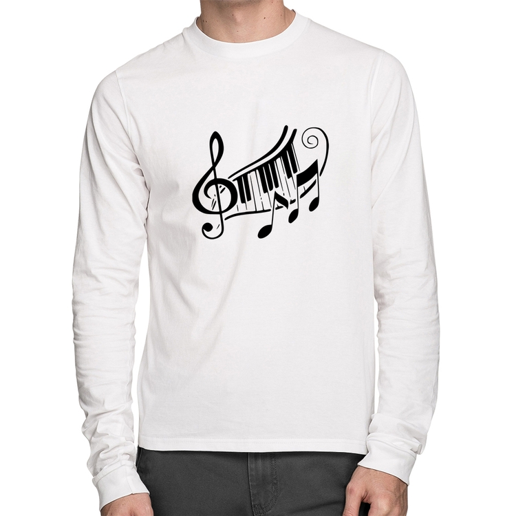 Camiseta Algodão Clave De Sol Teclas Manga Longa - Branca