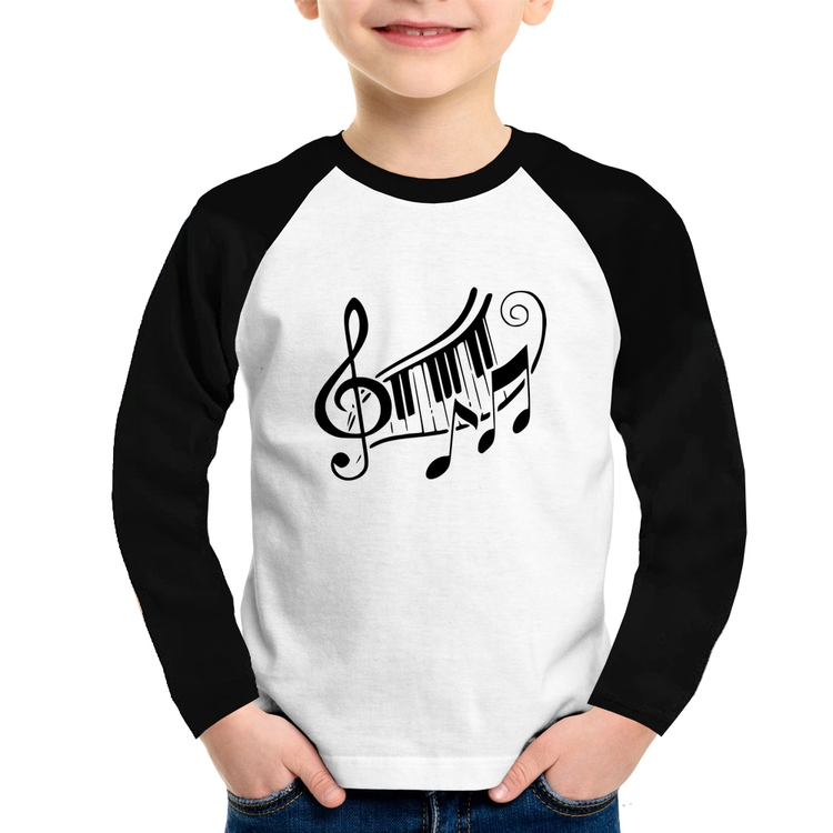 Camiseta Raglan Infantil Clave De Sol Teclas Manga Longa