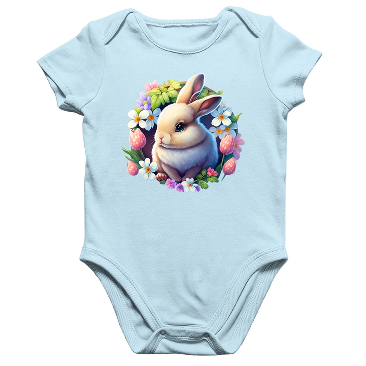 Body Bebê Algodão Coelhinho e flores - Azul Bebê