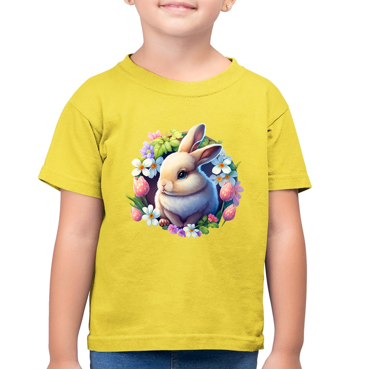 Camiseta Algodão Infantil Coelhinho e flores - Amarelo Canário