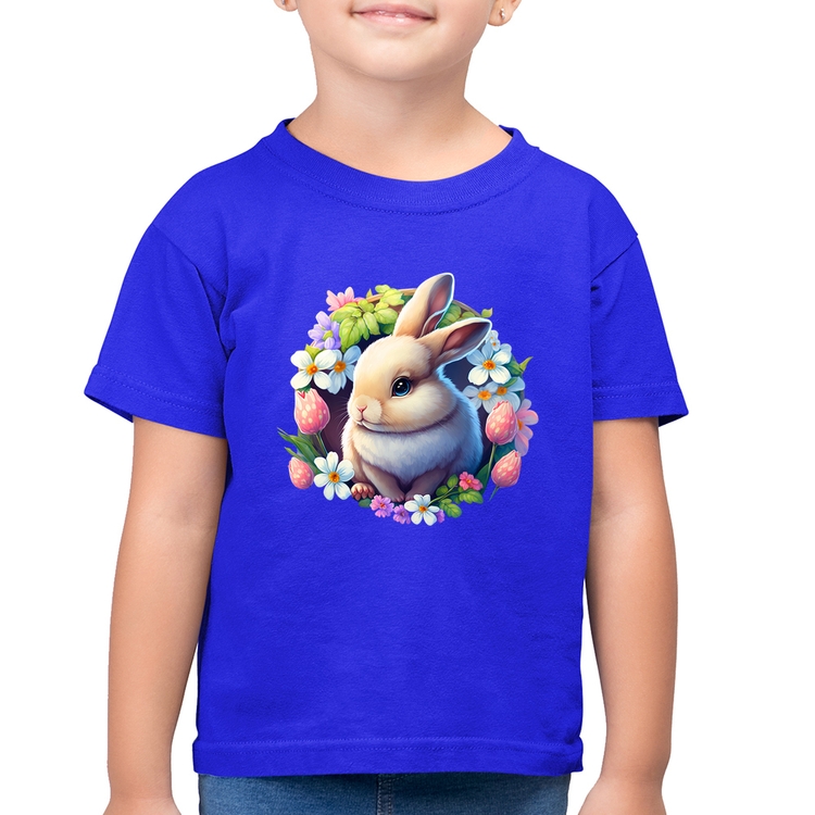 Camiseta Algodão Infantil Coelhinho e flores - Azul Royal