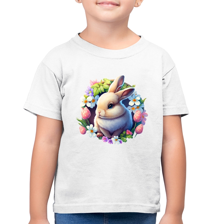 Camiseta Algodão Infantil Coelhinho e flores - Branca
