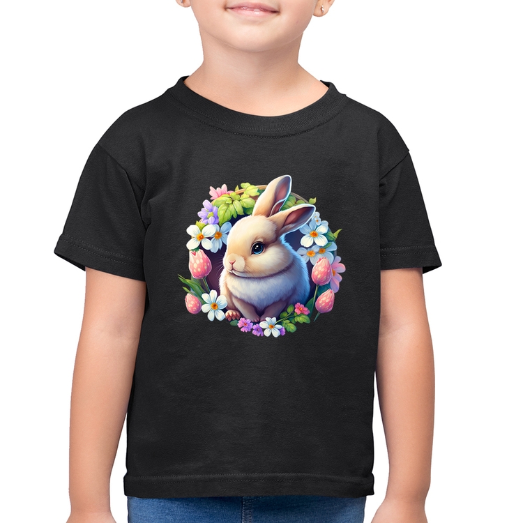 Camiseta Algodão Infantil Coelhinho e flores