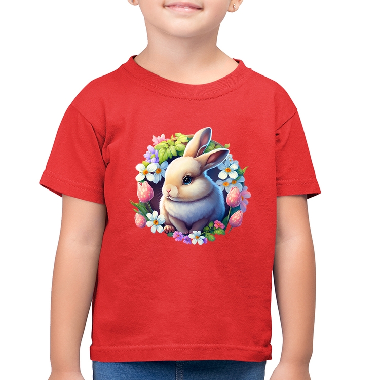 Camiseta Algodão Infantil Coelhinho e flores - Vermelha