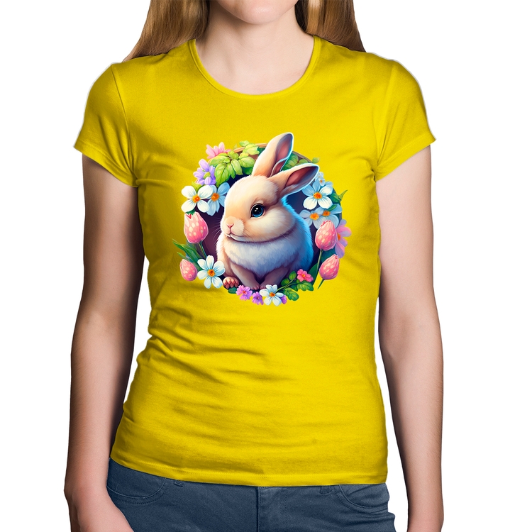 Baby Look Algodão Coelhinho e flores - Amarela