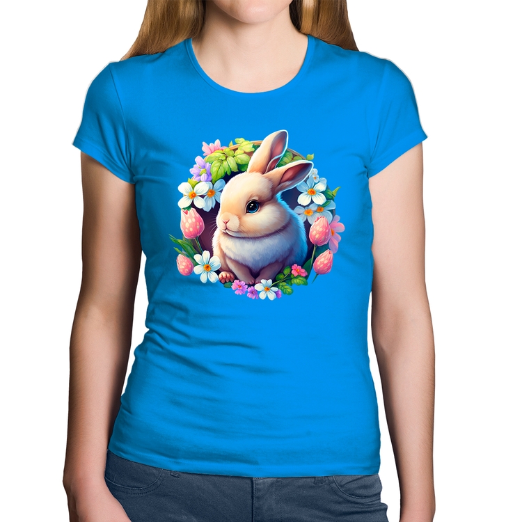 Baby Look Algodão Coelhinho e flores - Azul