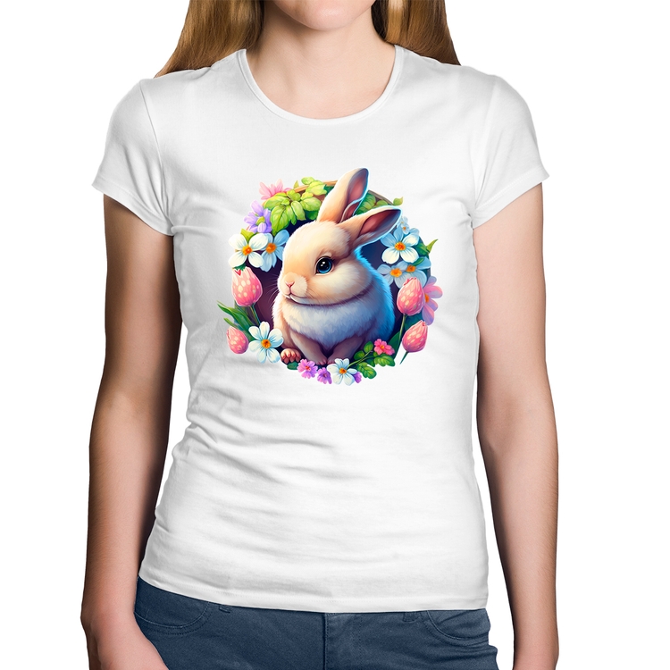 Baby Look Algodão Coelhinho e flores - Branca