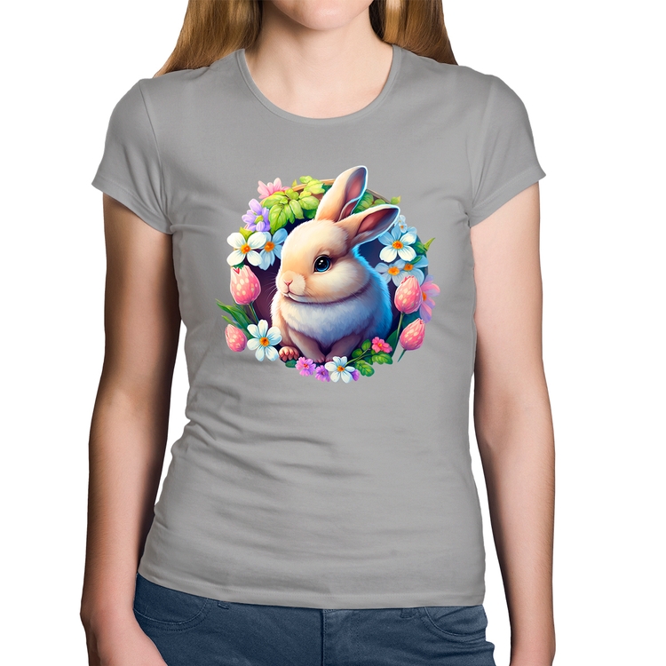 Baby Look Algodão Coelhinho e flores - Cinza