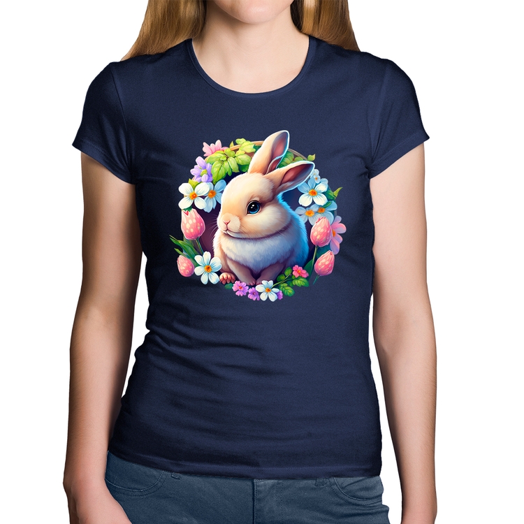 Baby Look Algodão Coelhinho e flores - Marinho