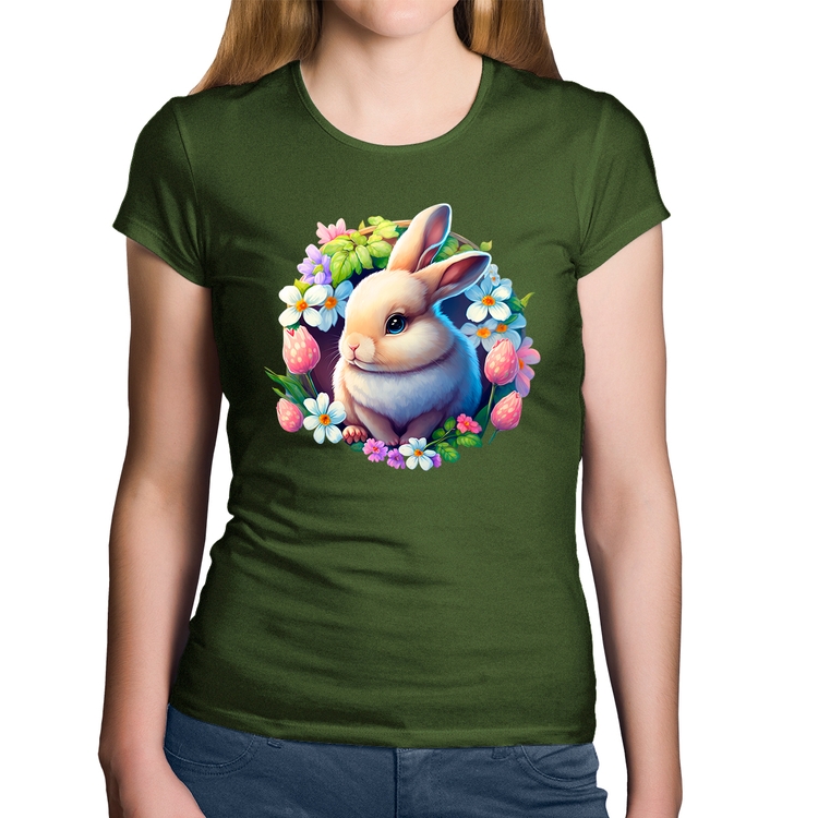 Baby Look Algodão Coelhinho e flores - Musgo