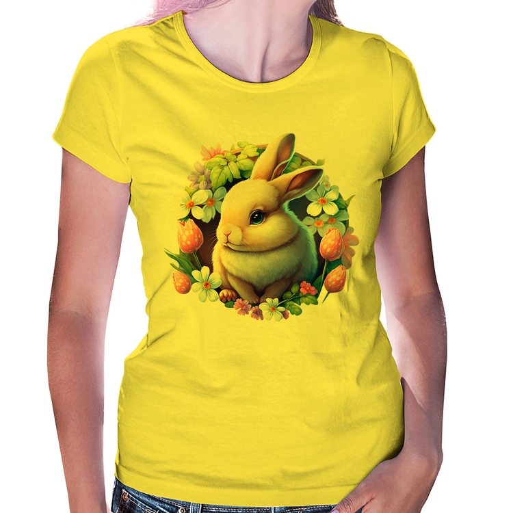 Baby Look Coelhinho e flores - Amarela