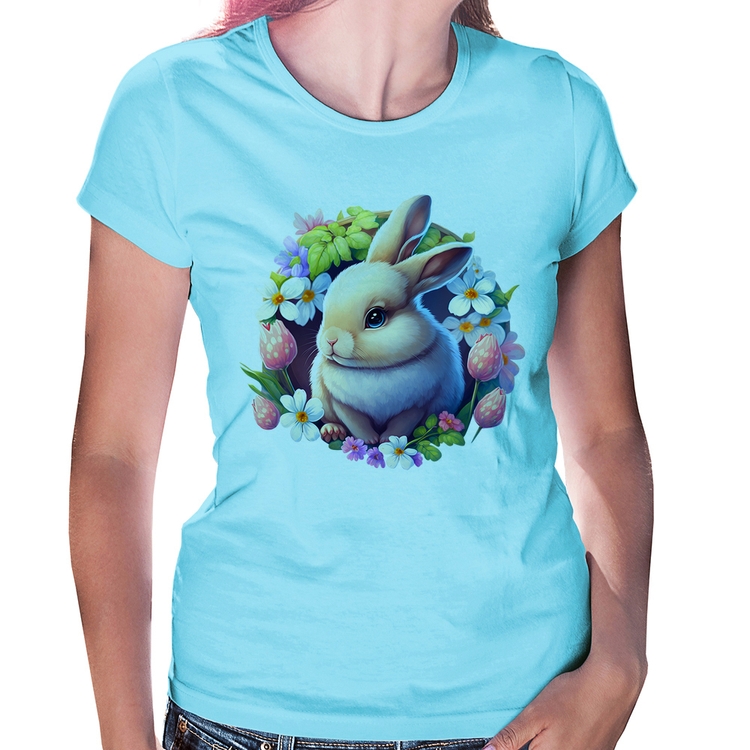 Baby Look Coelhinho e flores - Azul Bebê