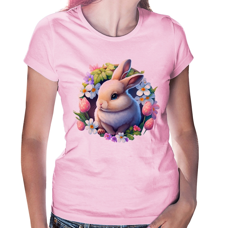 Baby Look Coelhinho e flores - Rosa Bebê