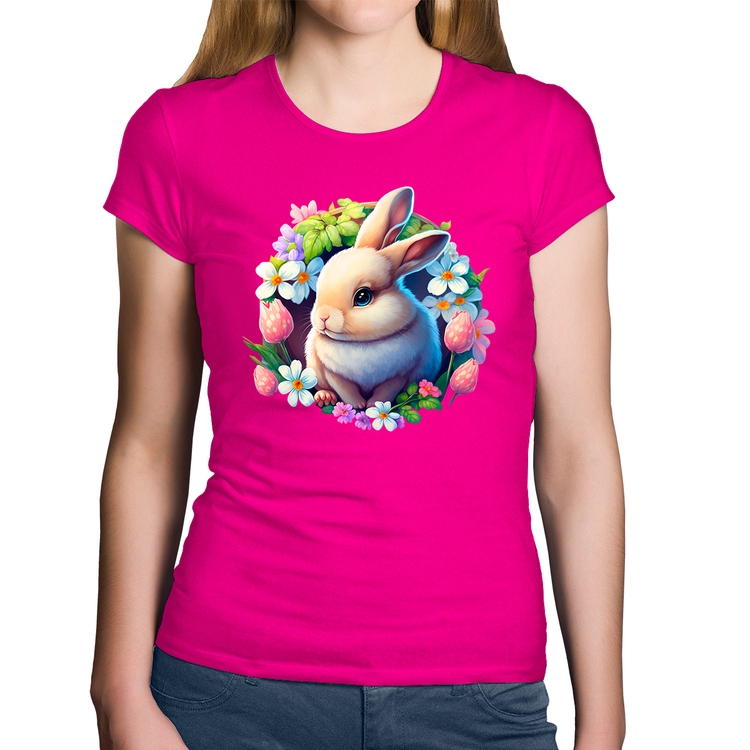 Baby Look Algodão Coelhinho e flores - Rosa