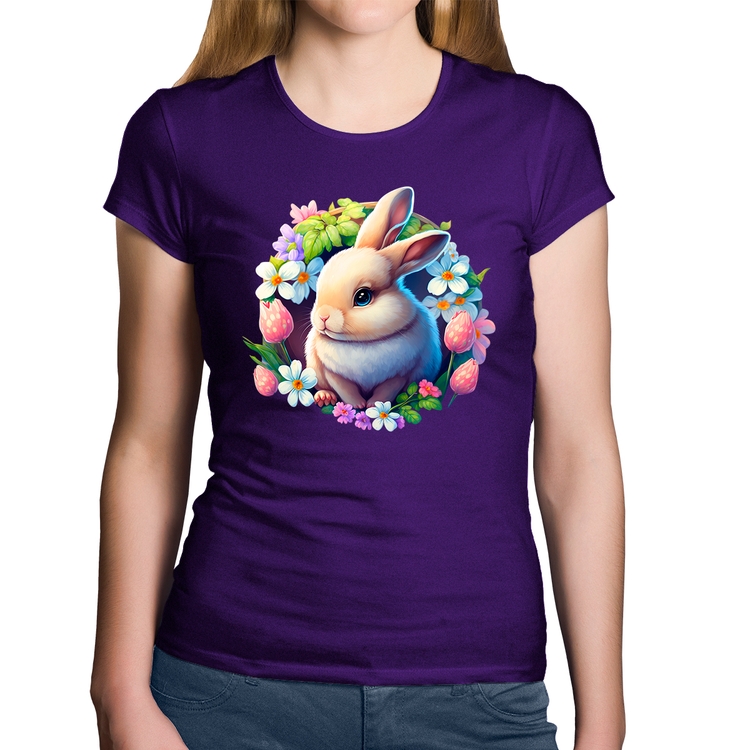 Baby Look Algodão Coelhinho e flores - Roxa