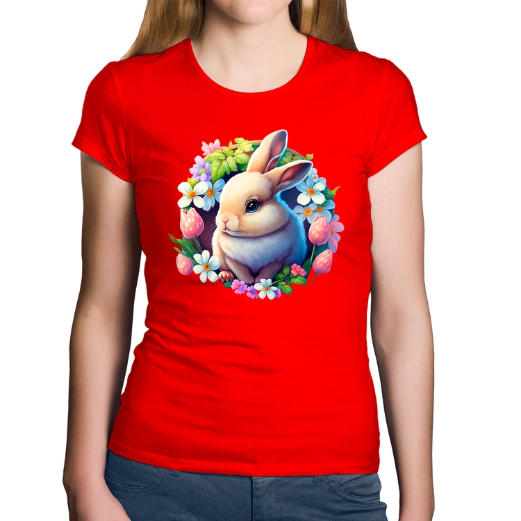 Baby Look Algodão Coelhinho e flores - Vermelha