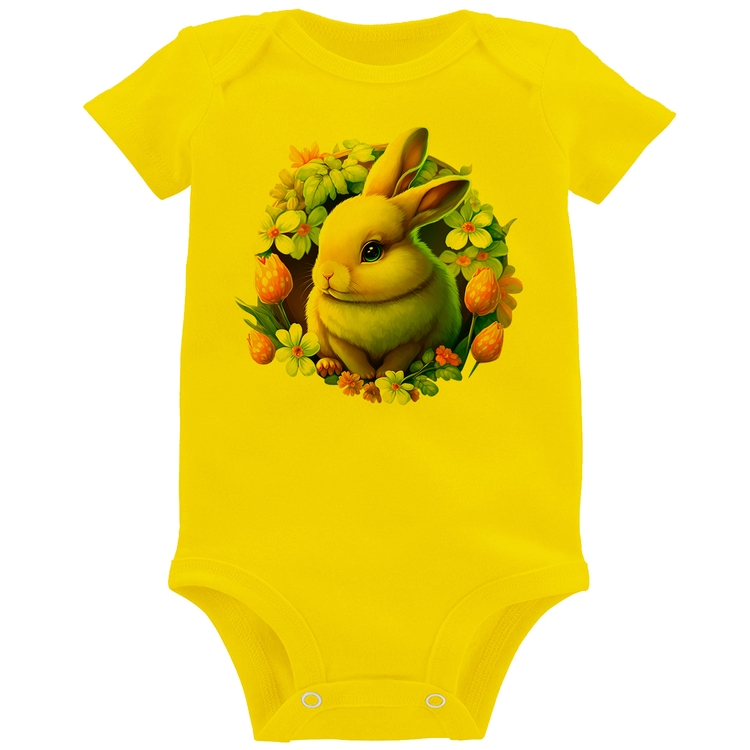 Body Bebê Coelhinho e flores - Amarelo